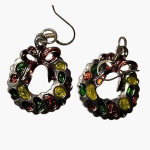 Christmas Wreath Earrings Silver Red Bow Dangle Drop Hook Silver Vintage Enamel